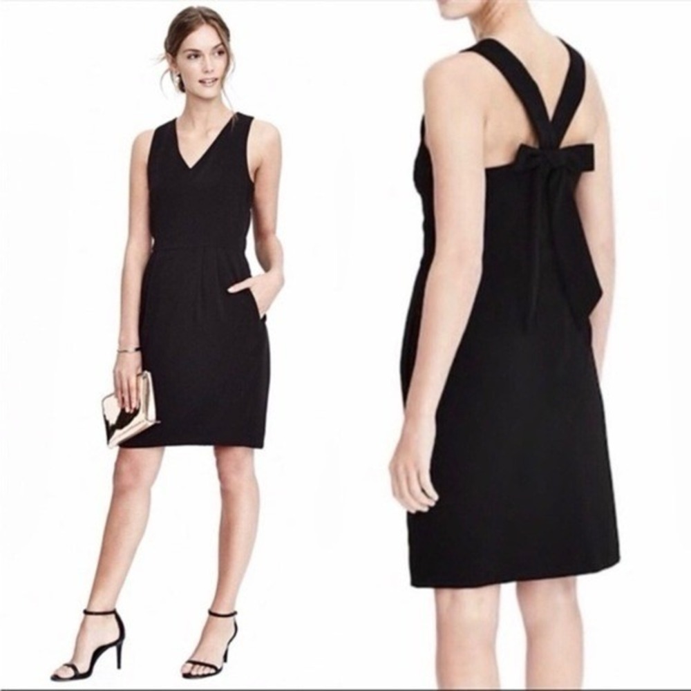 Banana Republic Cocktail Dress Women 14 Black V-Neck Back Bow Pockets Sleeveless